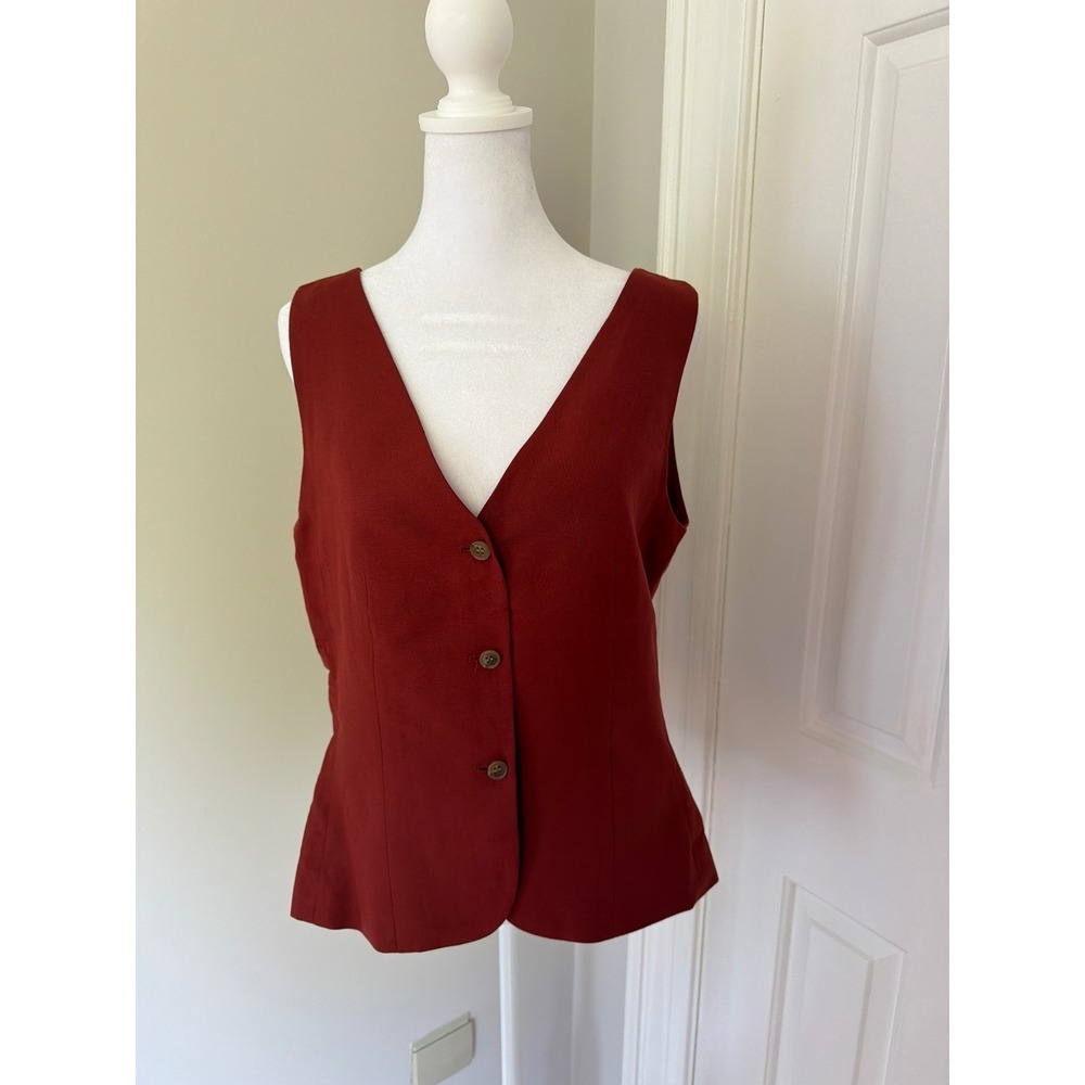 HM Women Rust Red Linen Blend V-Neck Button Front Vest Top Size 8